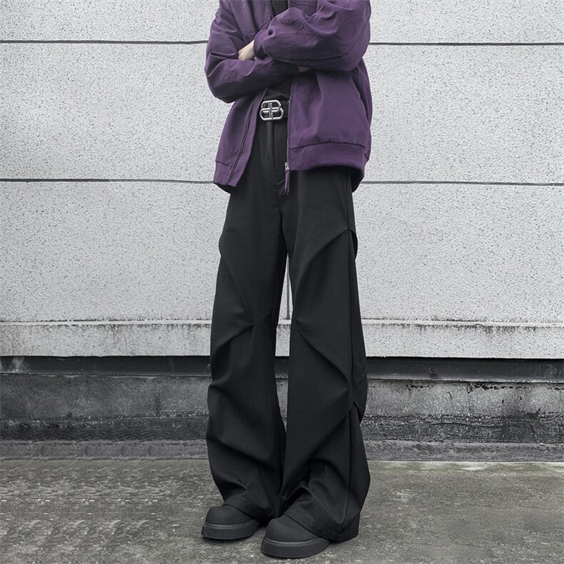 美式微喇褶皱休闲黑色西裤男潮牌新款宽松直筒拖地cleanfit长裤子,男装西裤,星座410-6（原星座1304-1）