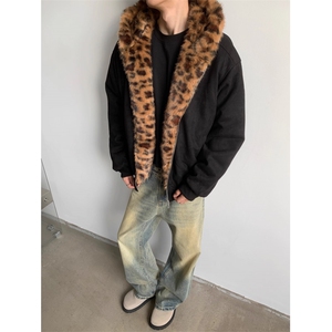 美式复古豹纹毛领连帽棉服男冬季加厚保暖棉衣宽松短款座山雕外套图片