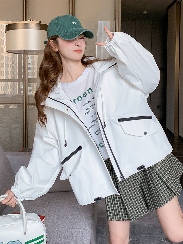 白色连帽工装短外套女春季2025年新款设计感小个子宽松休闲冲锋衣,女装短外套,浙宝192（原082）