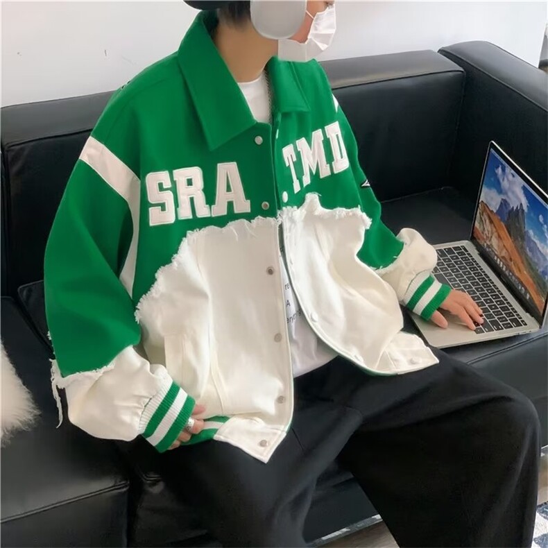欧美高街牛仔夹克男ins设计感小众高级感情侣拼接棒球服J0960-P75,男装夹克,星座1008-1
