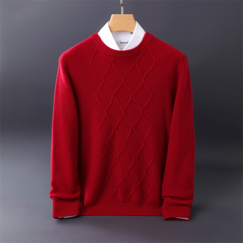 秋冬季新款舒适时尚百搭七针加厚阿兰花圆领男士羊绒衫，男装羊绒套衫，伊绒腾羊绒