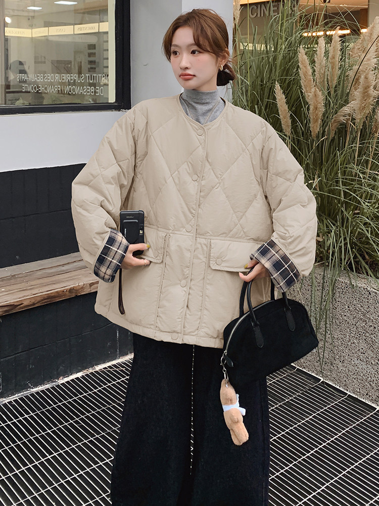 韩版时尚拼格纹轻薄款羽绒服女2025年冬季新款显瘦加厚白鸭绒外套,女装羽绒服,浙宝305