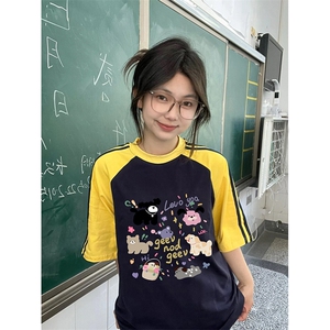 夏季美式高街重磅纯棉三条杠织带插肩撞色男女短袖T恤CZ201-特P25图片