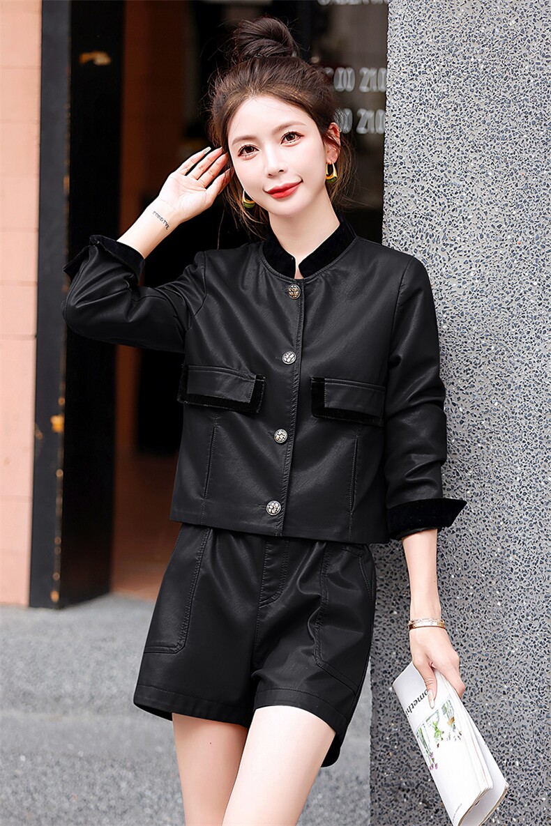 时尚休闲套装女2024年春秋新款洋气减龄气质小个子皮衣短裤两件套,女装套装/套裙,韩美纤衣