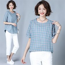 2025年夏季休闲格子潮流舒适时尚蕾丝衫/雪纺衫短袖圆领优雅，女装蕾丝衫/雪纺衫，风姿绰