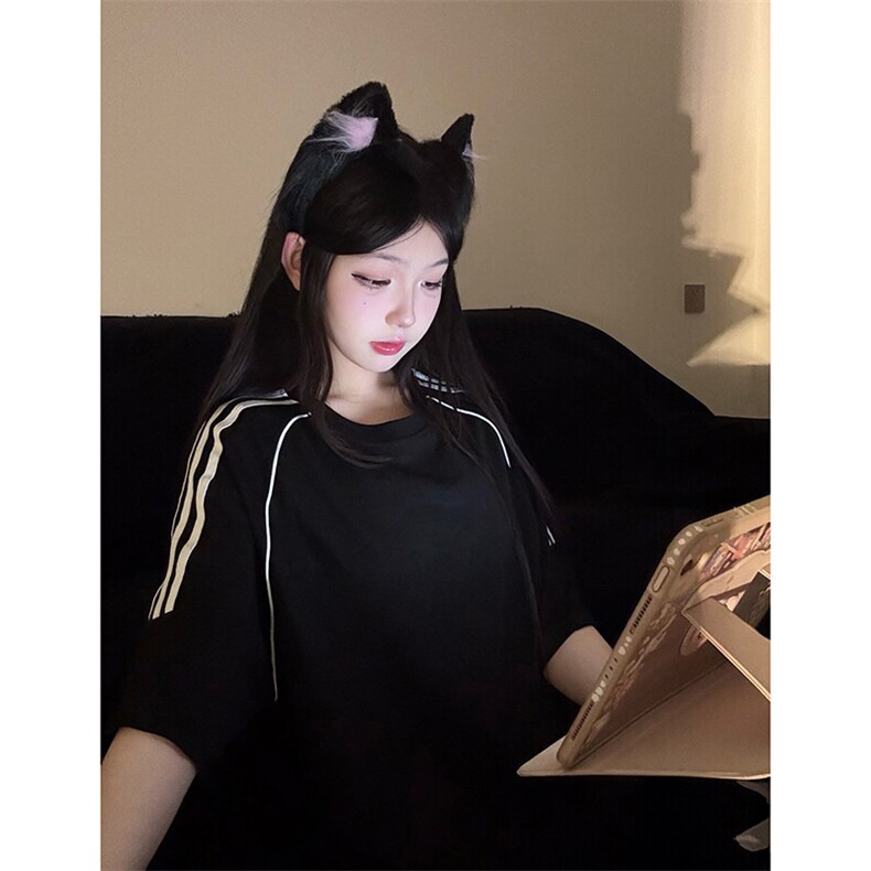 得物抖音品质二开240克重磅宽松纯棉美式高街半杠织带短袖T恤,男装T恤,电商A486-1