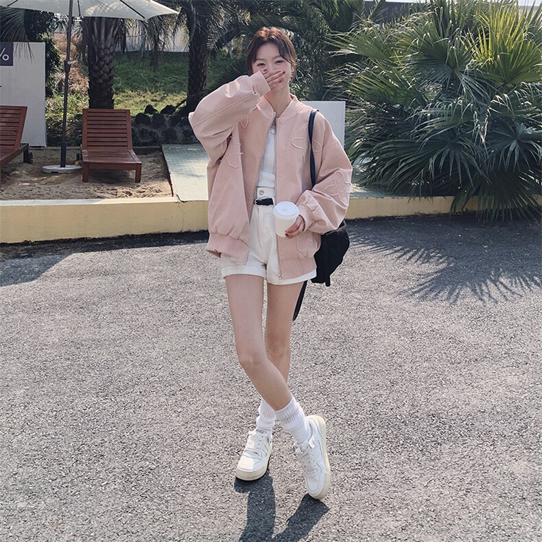 粉色立体绣花棒球服外套女秋季2025新款超火减龄休闲穿搭夹克百搭,女装短外套,2C216