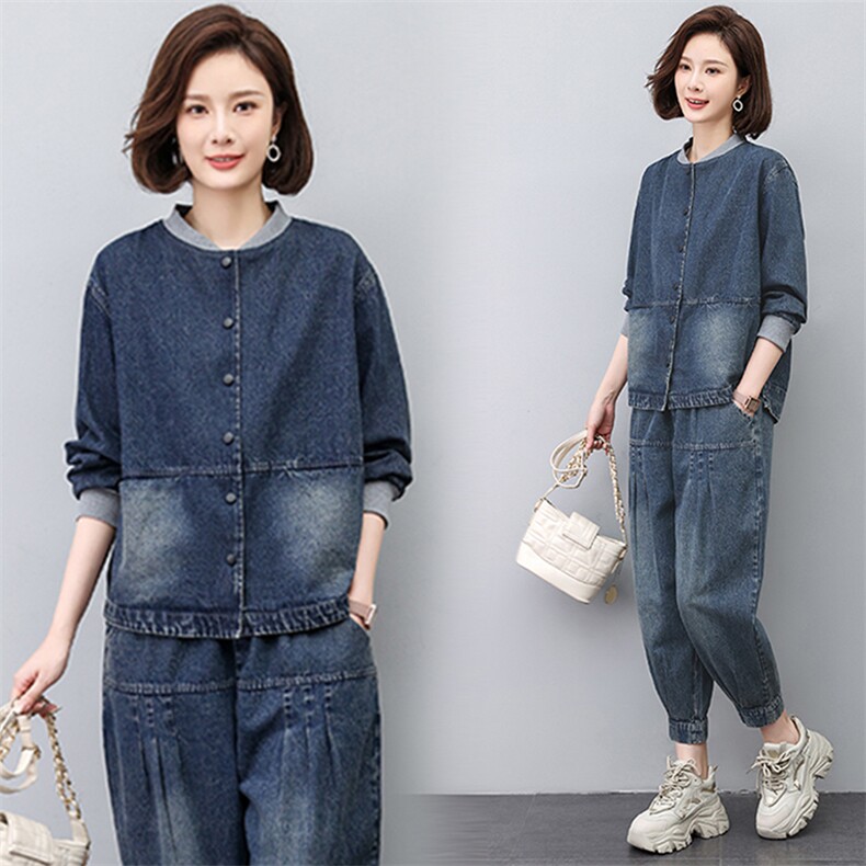 时尚休闲牛仔套装女2025春秋新款中年妈妈宽松大码洋气减龄两件套图片