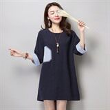 贴布口袋短裙五分袖2021年夏季H型宽松腰通勤麻T恤，女装T恤，独衣靓