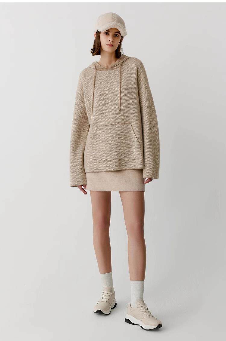 35%羊绒衫秋冬季新款舒适时尚百搭女式人字纹空气层连帽衫，女装羊绒衫，窄众羊绒