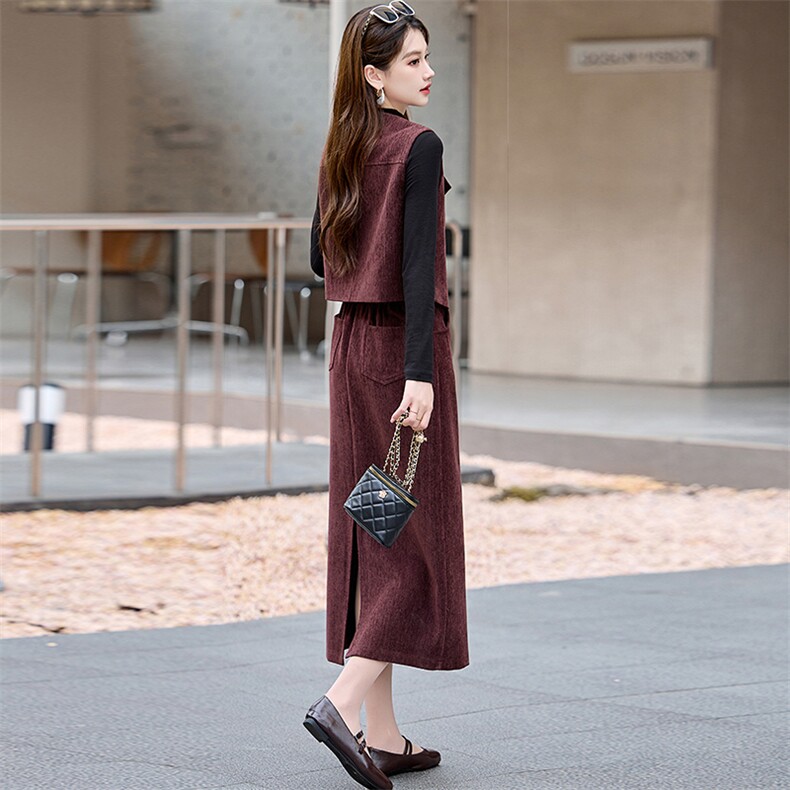 美拉德马甲套装裙女春秋2025新款欧美显瘦雪尼尔马夹半身裙三件套,女装套装/套裙,蓝诺裳