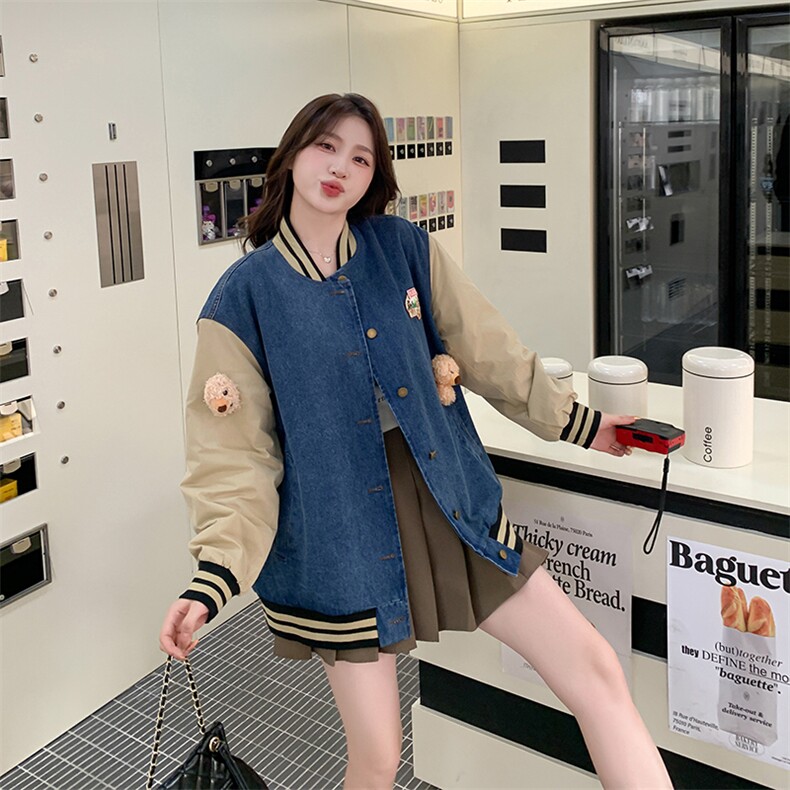 新款拼接牛仔外套女小熊棒球服夹克短款显瘦,女装牛仔外套,天使之佳话