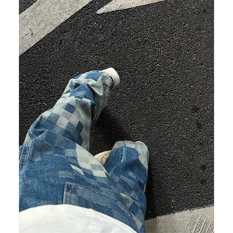 马赛克棋盘格直筒牛仔裤男美式高街vibe痞帅微喇裤子NK35-P45,男装牛仔裤,星座1001-1