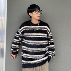 黑白条纹水貂绒毛衣男女款秋冬季高级感毛绒软糯圆领套头针织毛衫，男装针织衫/毛衣，星座506