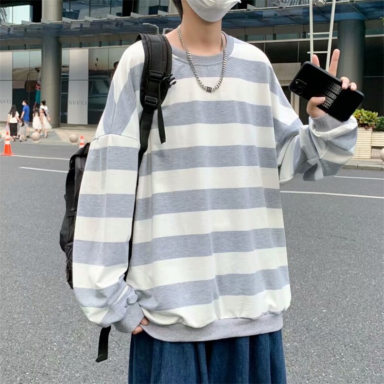 2023秋季日系宽松条纹长袖卫衣男港风学生上衣百搭体恤T741-P20,男装T恤,星座512-2