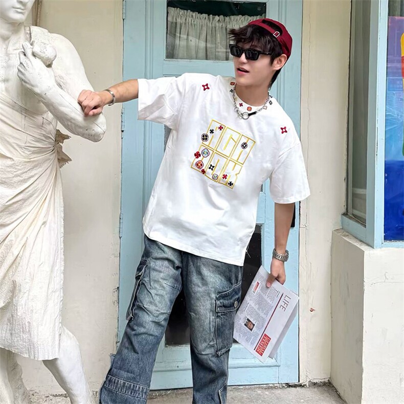 万针全刺绣工艺抖音得物高品质260克重磅纯棉双纱美式高街短袖T恤,男装T恤,电商A486-1