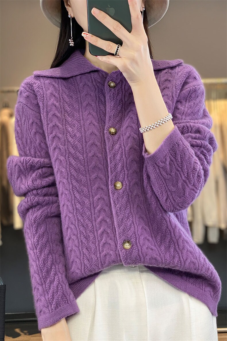 羊毛针织开衫女秋冬新款纯色绞花宽松加厚翻领外套毛衣,女装羊毛衫,蒙莲贝斯