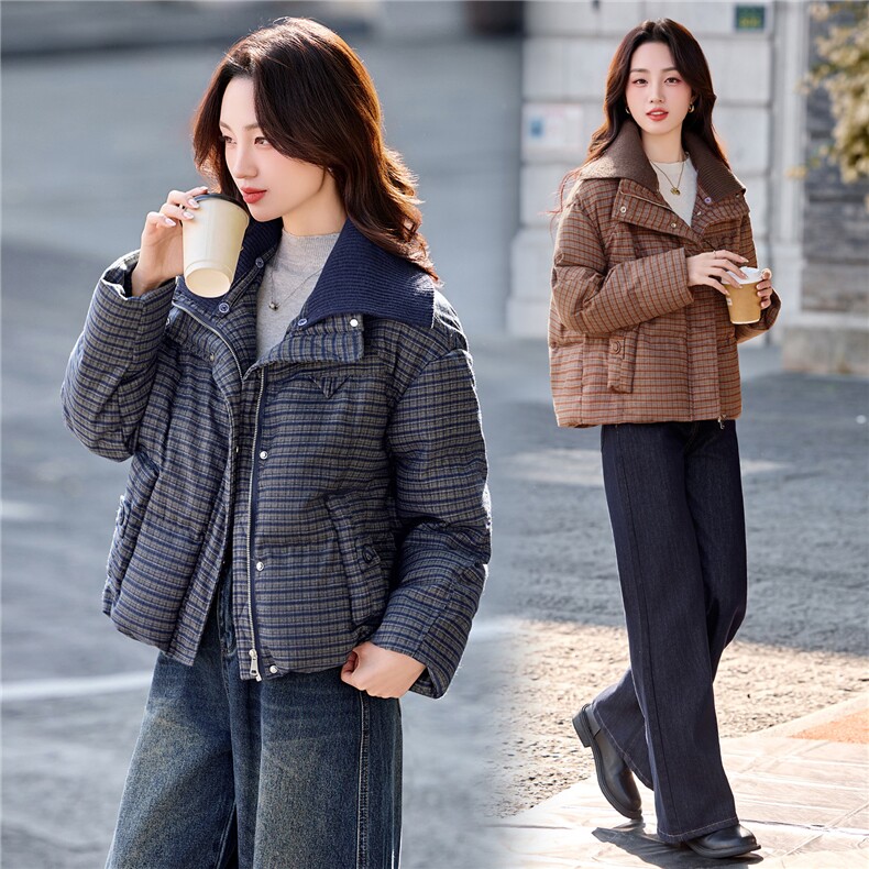 韩版格子石墨烯绒衣女2025冬季新款立领加厚面包服小个子保暖外套,女装棉衣/棉服,悠米