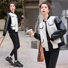 PU皮拼接假两件菱格棒球服女2022秋季新款时尚百搭纯色立领短外套，女装短外套，辉之琳