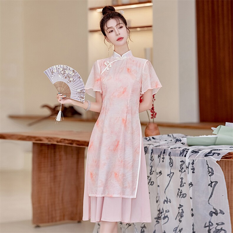 优雅气质改良版旗袍连衣裙女夏季新款修身显瘦粉色长裙,女装连衣裙,利佳可人