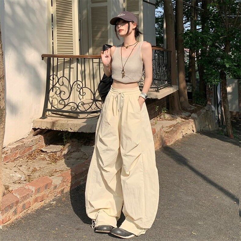 美式高街褶皱弯刀裤子女春夏季新款松紧腰抽绳宽松阔腿拖地休闲裤,男装休闲裤,星座601-1