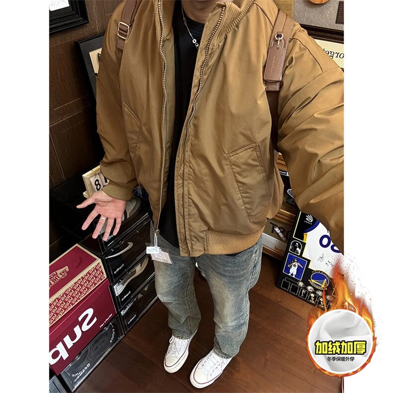 棉衣5W件现货冬季美拉德立领飞行夹克廓形高街棒球服加棉加厚外套,男装夹克,电商A486
