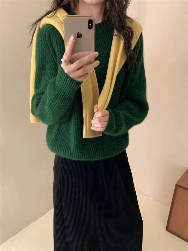 秋冬款插肩袖针织衫女韩版圆领打底针织毛衣,针织衫/毛衣,半城羊绒