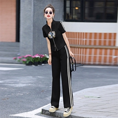 新中式刺绣两件套女2024夏季新款时尚气质百搭显瘦阔腿裤休闲套装，女装套装/套裙，梦依杭