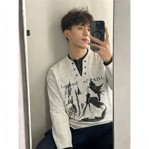 假两件卫衣男女同款春秋新款骑士古堡印花宽松长袖T恤图片