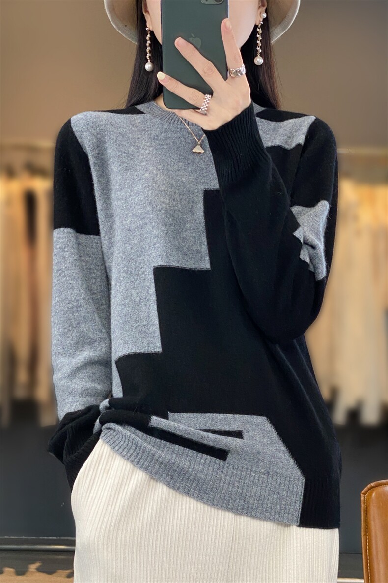 拼接撞色羊毛衫女2024秋冬新款宽松显瘦圆领套头,女装羊毛衫,鹿一羊绒