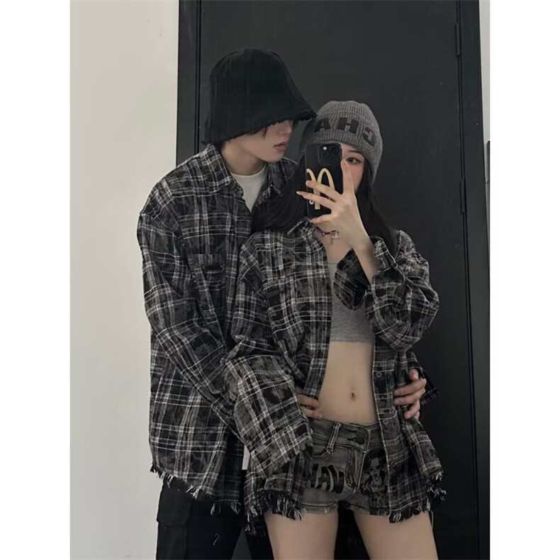 1506//QJ060/P45美式复古扎染格子休闲春秋季宽松百搭外套情侣装,女装短外套,星座1506