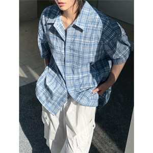 C316 CS8333 P68 夏季新款格子撞色小清新蓝色刺绣短袖衬衫宽松图片