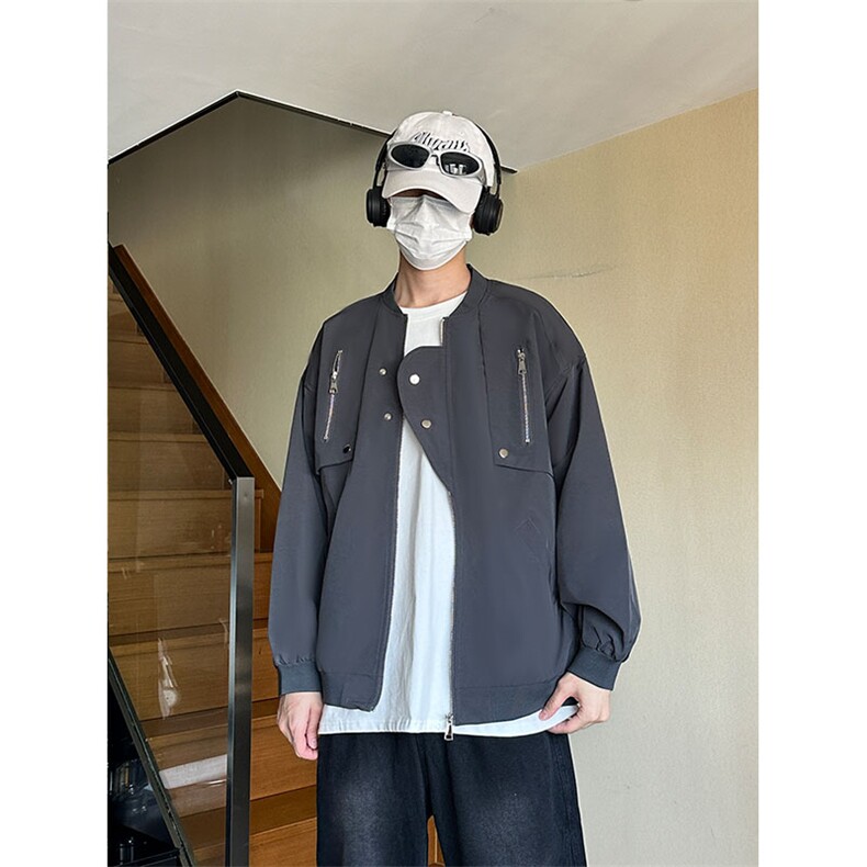 新款春秋纯色男棒球风夹克宽松圆领工装休闲夹克外套JK3212-P80,男装夹克,电商A128