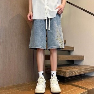 百搭刺绣牛仔短裤子男女简约新款夏季宽松阔腿五分裤休闲潮流图片