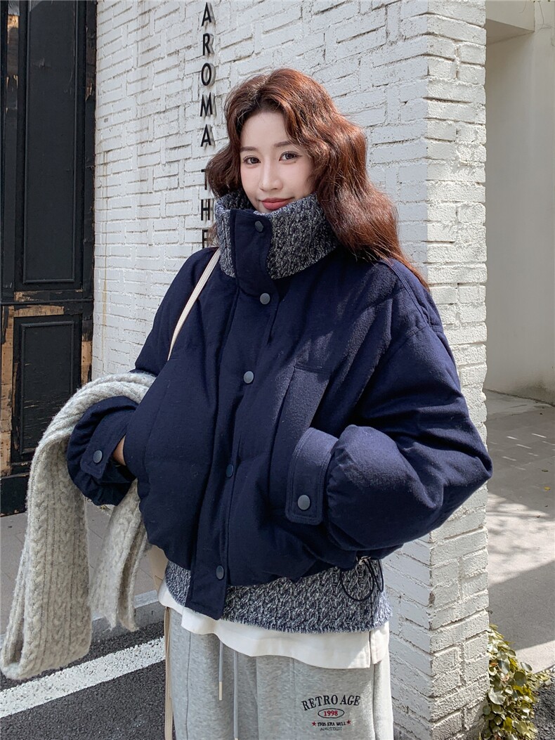藏青色针织拼接短款羽绒服女2025冬新款设计感小个子90白鸭绒外套,女装羽绒服,辉之琳