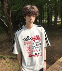抖音得物高品质二开240克宽松纯棉美式潮牌三条杠织带短袖T恤，男装T恤，电商A486-1