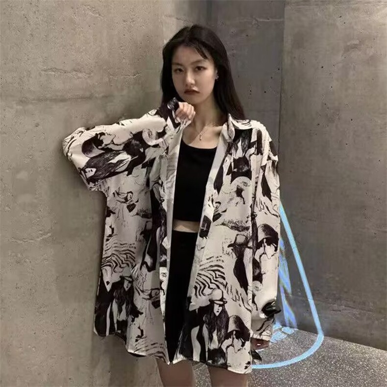 潮牌ins长袖衬衫男女嘻哈街头宽松复古休闲炸街扎染印花衬衣外套,男装衬衫,星座1210-1
