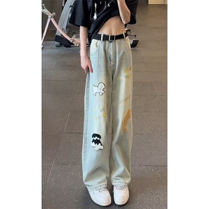 美式高街涂鸦小狗刺绣牛仔裤男青少年时尚百搭水洗设计感直筒长裤图片