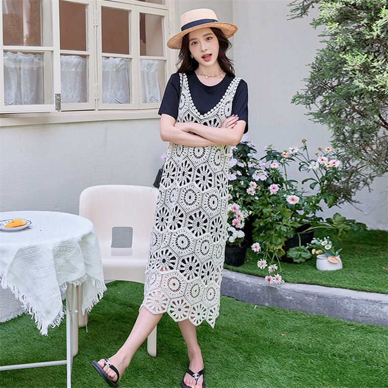 实拍2024夏新款中长款短袖T恤女钩花蕾丝吊带连衣裙减龄两件套潮,女装套装/套裙,铭街依杨
