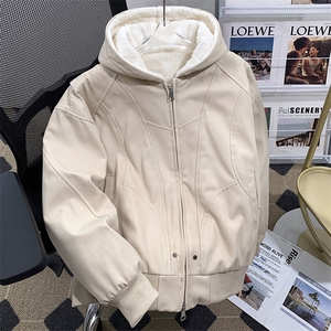 冬季加绒加厚连帽外套复古水洗宽松设计感夹克棉服图片