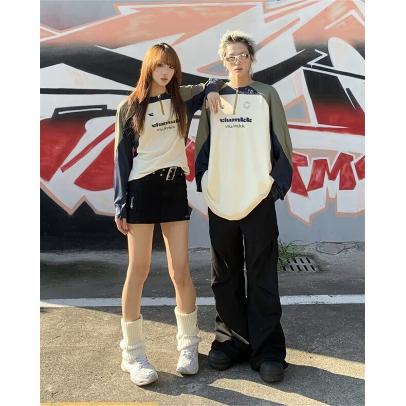 复古长袖运动跑步半拉链情侣训练服T恤,男装T恤,星座716-2