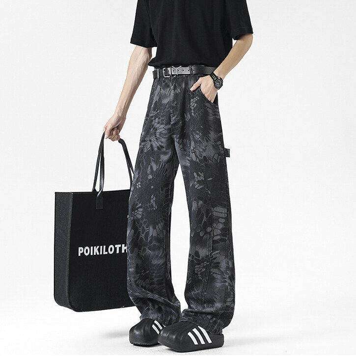 2025新款迷彩蛇纹伐木工装裤美式高街牛仔裤NK389P45控69，男装牛仔裤，星座712