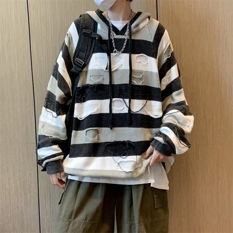 秋冬季潮流痞帅套头针织衫连帽卫衣男士美式破洞条纹毛衣M7019,男装针织衫/毛衣,星座1116A-1（原606A）