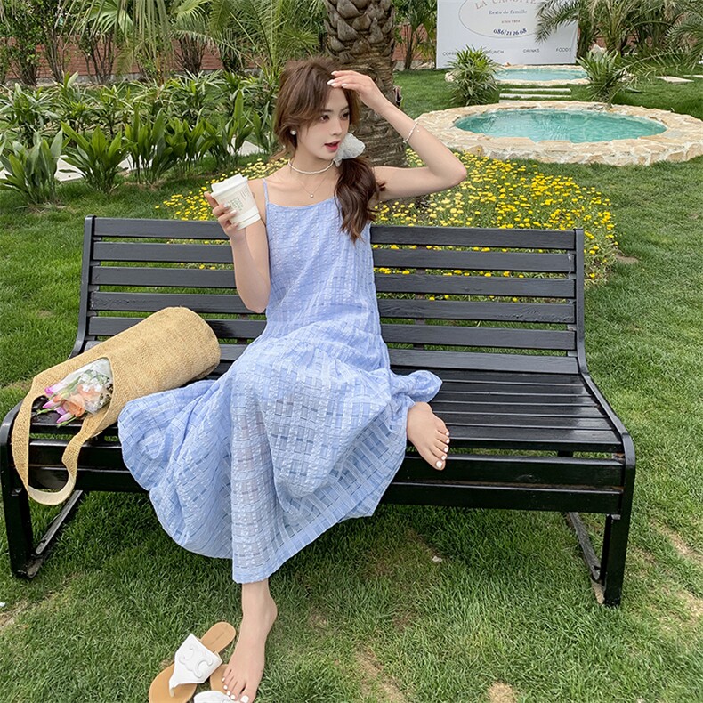 韩系蓝色减龄格纹连衣裙女2025夏季新款高级感小众绝美显瘦吊带裙,女装连衣裙,浙宝276（原081）