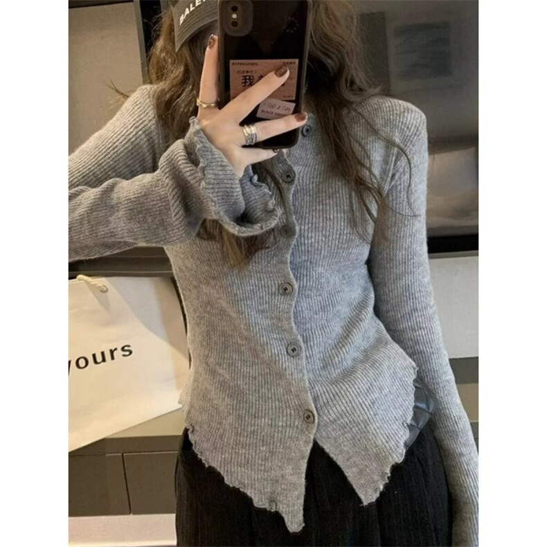 V领常规款开衫ins单件单排扣通勤灰色不规则针织打底衫女秋冬长袖,男装针织衫/毛衣,星座506A