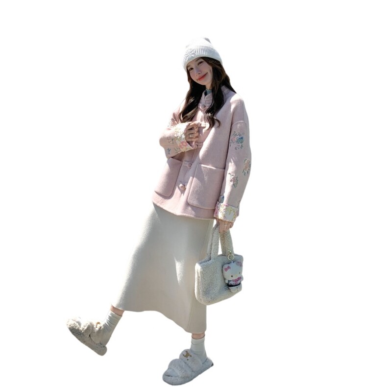 粉色国风盘扣重工刺绣双面羊毛呢子外套女秋冬2025新款新中式短款,女装羊绒大衣,2C230