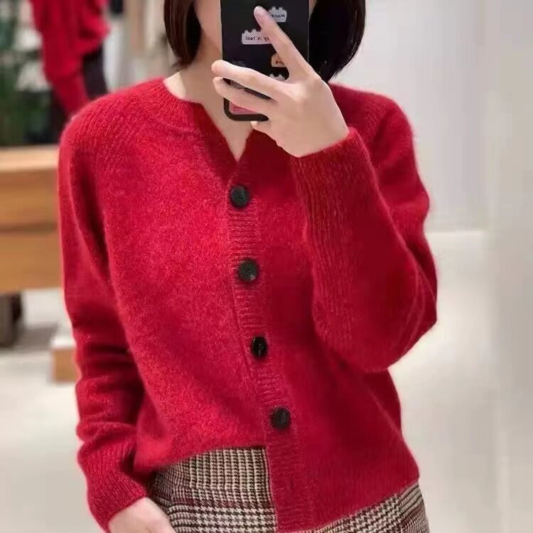 开衫外套小V领外搭圣诞红V领针织开衫毛衣女,针织衫/毛衣,淘淘羊羊绒