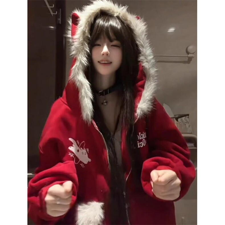纯棉华棉加绒卫衣幽灵猫猫毛绒连帽外套女慵懒风帽衫WY3251,女装短外套,星座1116A（原606A-3）
