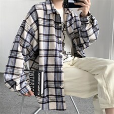 格子衬衫男韩版潮流秋季加厚毛呢衬衣港风痞帅潮牌外套DX128P65图片