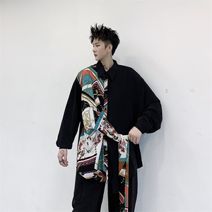 小众设计师款个性不规则印花系飘带衬衣男长袖 H1016 P65图片